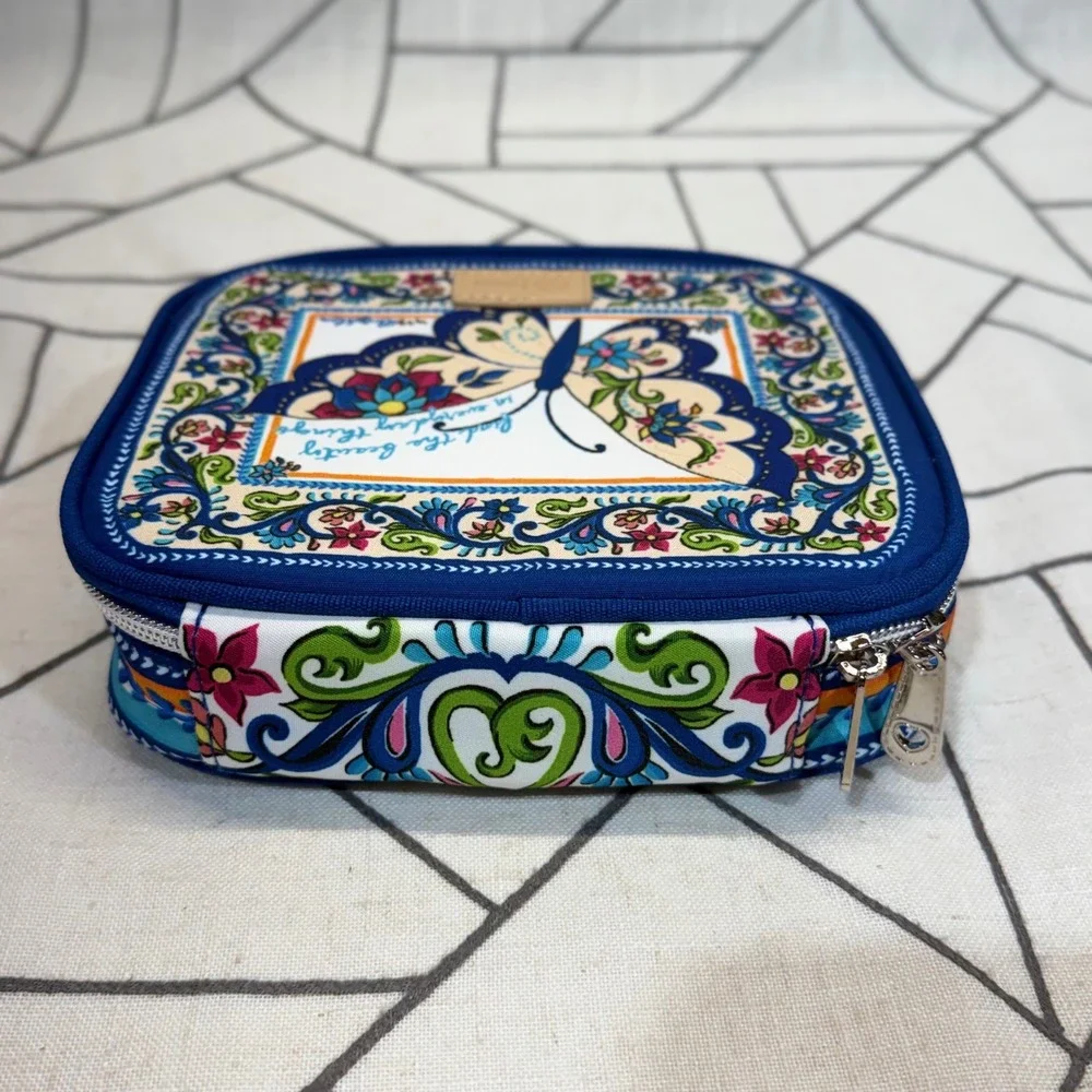 Brighton Jewelry Organizer Case OS Blue Butterfly Floral Travel Zip Square Pouch